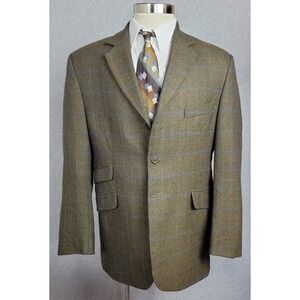 RJ Classics Platinum Mens 44R Equestrian Sport Coat Olive Brown Windowpane Tweed